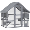 PawHut 73" L Large Catio Outdoor Cat Enclosure for Multiple Kittens, 28 sq.ft Wooden Cat House with Waterproof Cover, Walk in Kitty Cage Kennel with 2 Condos, 4 Platforms, Bridge, Doors, Gray