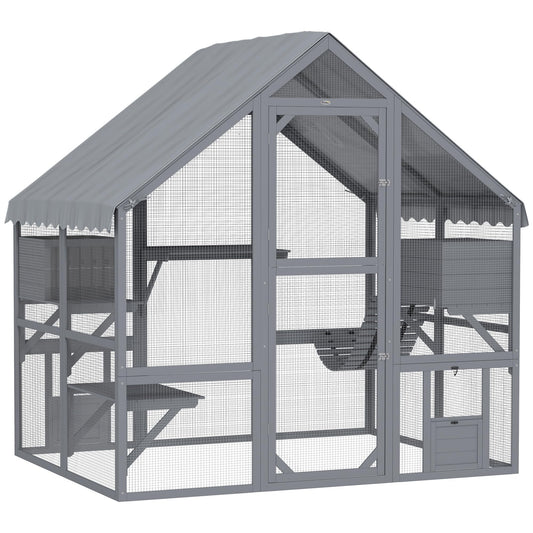 PawHut 73" L Large Catio Outdoor Cat Enclosure for Multiple Kittens, 28 sq.ft Wooden Cat House with Waterproof Cover, Walk in Kitty Cage Kennel with 2 Condos, 4 Platforms, Bridge, Doors, Gray
