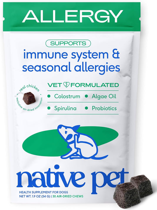 Native Pet Dog Allergy Chews - Dog Allergy Relief with Probiotics and Colostrum for Itchy Skin Relief to Support Seasonal Allergy and Healthy Immune System - All Natural Anti-Histamine - 30 Chews