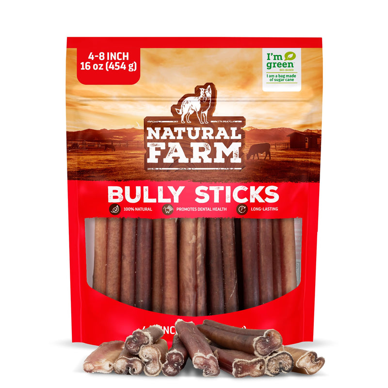 Natural Farm Odor-Free Bully Sticks (4-8”, 16oz) ALL-NATURAL Long-Lasting Chews, 100% Beef Pizzle, Grass-Fed, Grain-Free, Hormone-Free, Protein for Muscle Development & Energy, Perfect For Medium Dogs