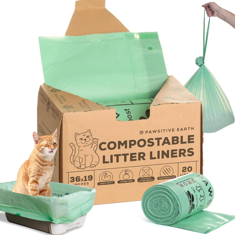 Cat Litter Box Liners 100% Compostable - Drawstring Close - 20 Count - Jumbo Size 36