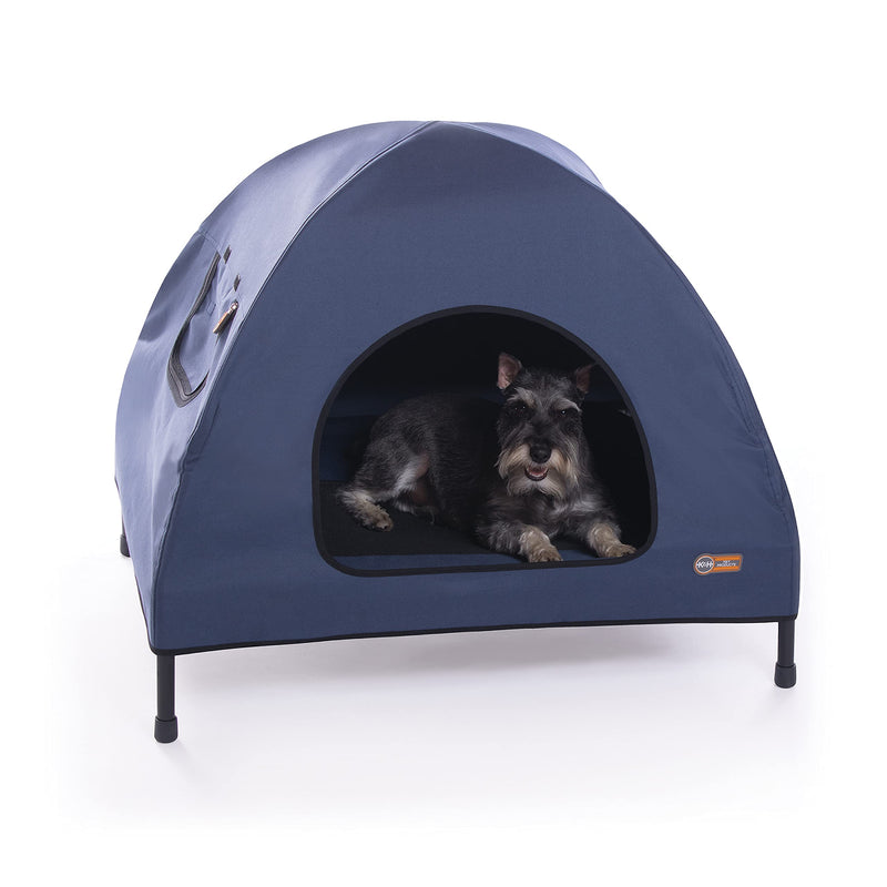 K&H Pet Products Pet Cot House for Medium Dogs, Outdoor Elevated Dog Cot House, Enclosed Canopy, Window Flaps for Air Flow, Washable Cover, Raised Metal Frame, Collapsible - Medium 32 X 25in Blue