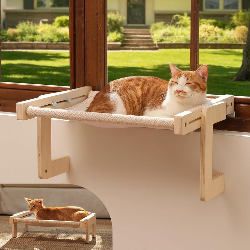 FUKUMARU 3-in-1 Cat Window Perch, Convertible Hammock for Windowsill, Bedside and Floor, Sturdy Cat Window Bed w/Washable Linen Fabric for Indoor Large Cats and Kitten, Reinforced Wood and Metal Frame
