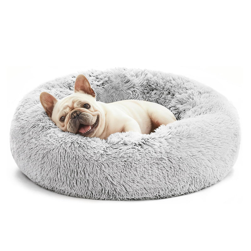 Love's cabin Calming Cat Bed for Indoor Cats, Anti-Anxiety Donut Round Dog Bed, Fluffy Faux Fur Washable Pet Bed for Small Medium Dogs and Cats,Grey,20in