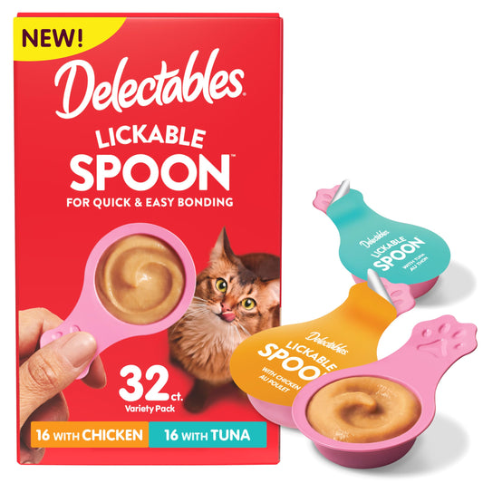 Delectables Lickable Spoon Handheld Wet Cat Treats Made with Real Chicken & Tuna, Creamy Puree, Mess Free, Quick & Easy, Grain-Free, No Added Fillers, No Added Preservatives, Variety Pack, 32ct