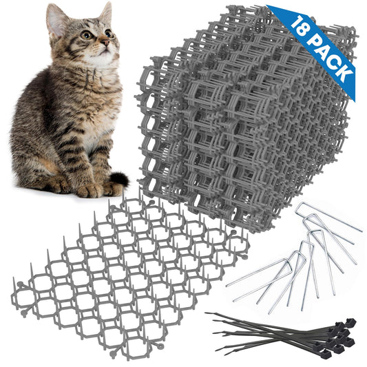 Petfolio 18 Pack Scat Mat for Cats - 8 x 6 Inch Cat Deterrent Mat with 1 Inch Spikes is A Great Cat Repellent Indoor & Outdoor to Keep Cats Away. Includes 6 Garden Staples & 10 Zip Ties (Grey)