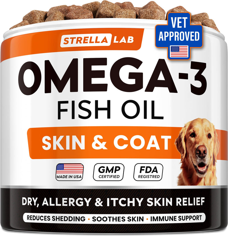 StrellaLab Omega 3 for Dogs - (180Ct) Fish Oil Treats - Allergy & Itch Relief Skin & Coat Supplement - Dry Itchy Skin, Anti Shedding & Hot Spots Treatment - Pet Salmon Oil Chews - Chicken Flavor