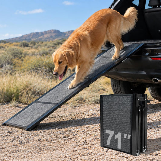 RUBLELITIE Dog Ramp for Cars SUV Truck-17.3"x71" Heavy Duty Foldable Wide Outdoor Pet Stairs with Non-Slip Surface Portable Folding Design for Large Dogs Up to 250lbs (71" L x 17.3" W)