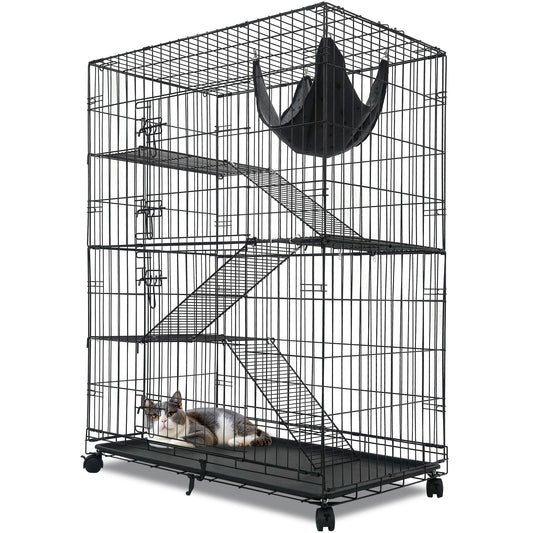 Homey Pet 51 Inch Cat Cages Indoor, Large 4-Tier Cat Crates for Indoor Cats, Collapsible Metal Wire Cat Enclosures Big Kennel for Adult Cats Kitten Kitty with Hammock, Ladders, 360° Wheels