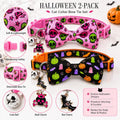 2 Pack Halloween Cat Collars with Bow Ties, Hot Pink Skull & Pumpkin Ghost Breakaway Kitten Collars with Bells and Charm