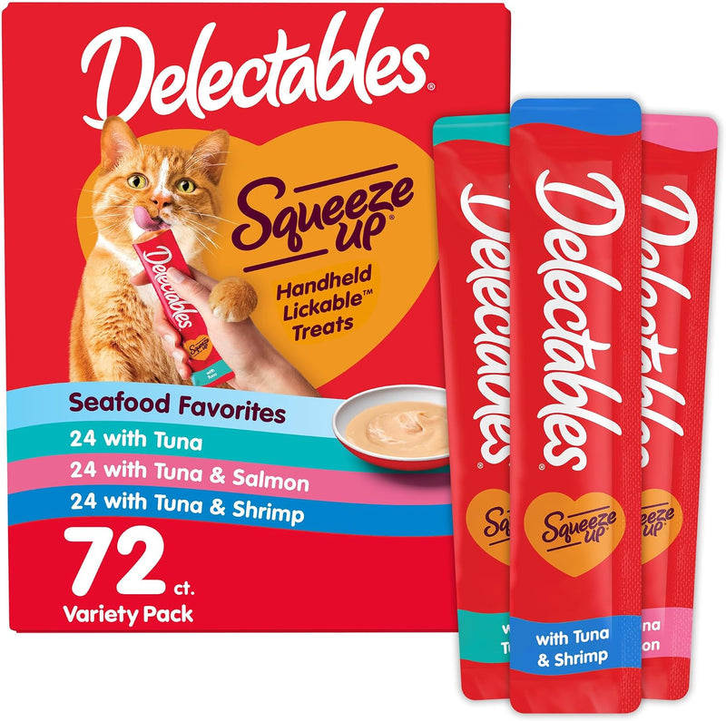 Delectables Squeeze Up Seafood Variety Pack, Creamy Squeezable Puree, Lickable Wet Cat Treats, Grain Free, No Added Fill