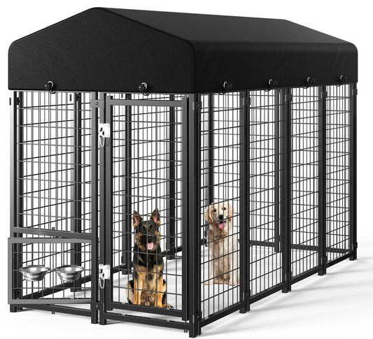 Guiferland Dog Kennel Outdoor, Large Outside Dog Kennel with Roof & Swivel Feeders/Removable Doggy Door Allow Connecting Your Dog House, Heavy Duty Dog Run Pen for Medium/Large Dogs (8'L x 4'W x 6'H)