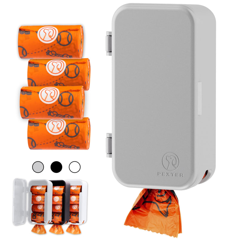 PEXTER Dog Poop Bag Dispenser - Outdoor or Indoor Pet Waste Bag Dispenser Station - Stick-On or Screw-On Wall Mount - Poop Bags Storage Outdoor Container - Includes 4 Doggie Bag Rolls (Gray)