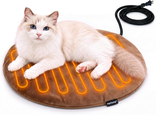 Round Cat Heating Pad, Heated Cat Bed, Safety Listed, Constant Warmth,Brown