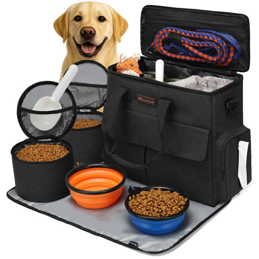 Dog Travel Bag by Modoker - Dog Travel Kit for a Weekend Away Set Includes Pet Travel Bag Organizer for Accessories, 2 Collapsible Bowls, 2 Travel Food Container (Black)