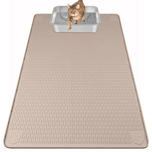 Bartuke Cat Food Mat, 40" x 28" Cat Litter Mat Extra Large Silicone Pet Feeding Mat with Raised Edge Pet Placemat for Food and Water Bowl Non-Slip, Easy to Clean, Floor Protection (Khaki)
