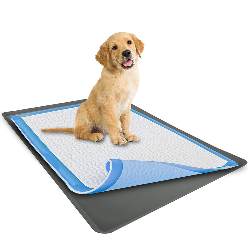 TidyFriend Dog Pee Pad Holder Tray Fits for 27.5” x 44” Wee Wee Pee Pads - Stable Grip, Raised Edges, Quick-Wipe Silicone Surface Dog Potty Tray Holder for Indoor Flooring Protection (Grey)
