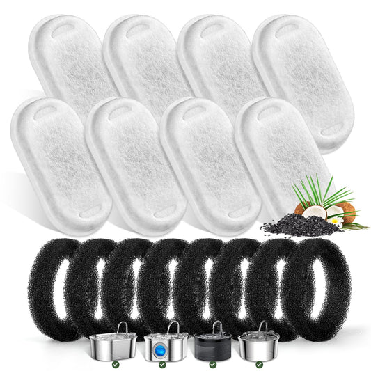 Cat Water Fountain Filters for Stainless Steel 67oz/2L Adjustable Water Flow Pet Fountain, 8 Pack Pet Replacement Filters with 8 Sponges