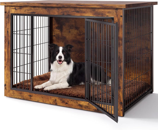 Greesum 3-in-1 Wooden Dog Crate Furniture, Side Table & Kennel with Cushion