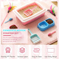 Beeveer 2 Set Kitten Litter Box Starter Kit 2 Pcs High Side Small Cat Litter Box Low Entry with 2 Scooper 2 Feeding Bowls 2 Mouse Toy for Small Kitty Essentials 14.57 x 10.63 x 4.17'', Blue and Pink