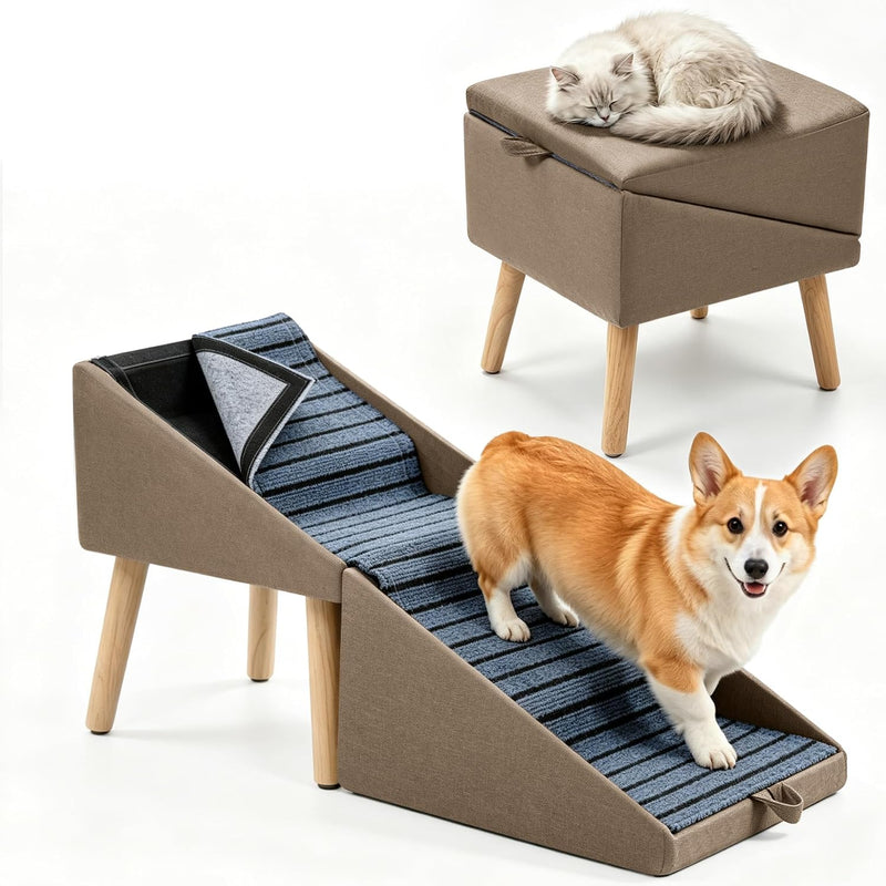 Step Stool Dog Ramp, Foldable 2-in-1 Ottoman Pet Stairs for Couch & Bed