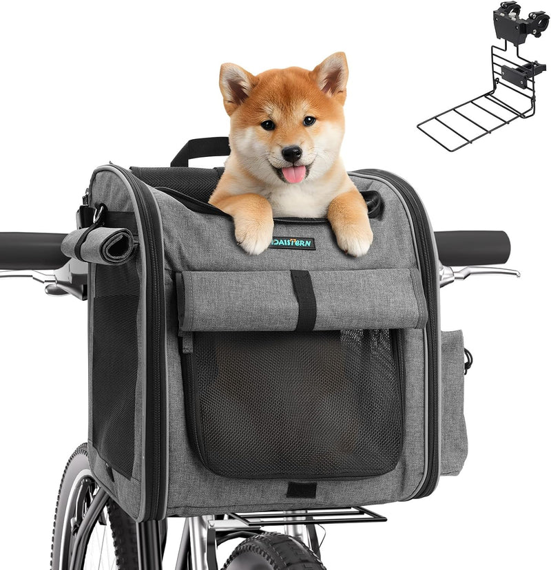 Dog Bike Front Basket, 4 in 1 Foldable Pet Backpack/Shoulder Bag/Auto Seat with Heavy-Duty L-Shaped Mount Φ3.15 in, Wate