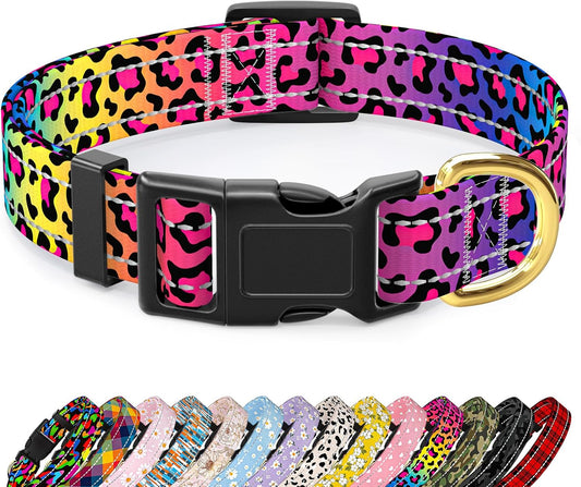 TMOODEL Reflective Dog Collar for Medium Dogs, Cute Leopard Style Adjustable Heavy-Duty Nylon Puppy Collar for Boy and Girl Female, Soft Pet Accessories with Quick Release Buckle, Neon