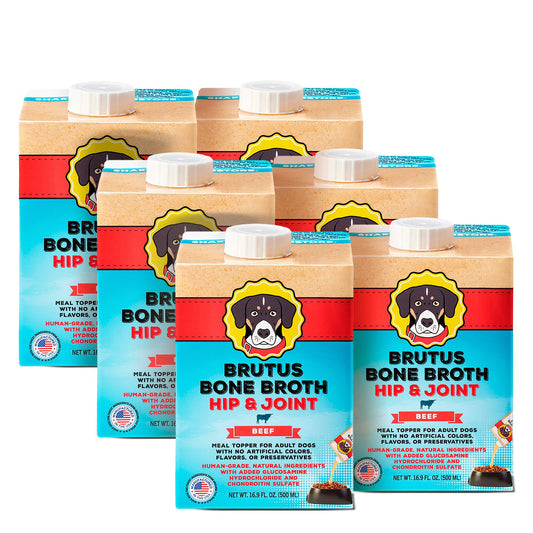 Brutus Beef Bone Broth for Dogs - All Natural Dog Bone Broth with LiquidChondroitin Glucosamine & Turmeric - Human Grade Dog Food Toppers for Picky Eaters - Tasty & Nutritious 16.9oz (Pack of 6)