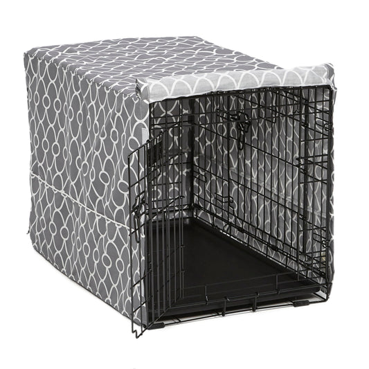 MidWest Homes for Pets Medium Dog Crate Cover with Teflon Fabric Protector, Poly-Cotton Privacy Kennel Cover Fits Most 30-inch Crates, Gray Designer Print, Washable, Reduces Barking