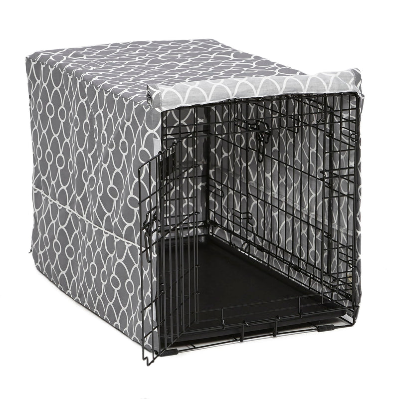 MidWest Homes for Pets Medium Dog Crate Cover with Teflon Fabric Protector, Poly-Cotton Privacy Kennel Cover Fits Most 30-inch Crates, Gray Designer Print, Washable, Reduces Barking