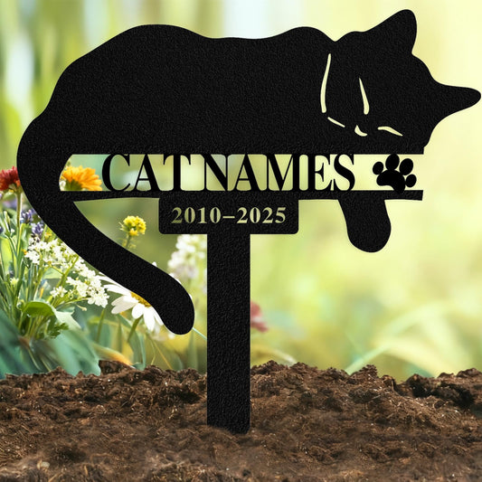 Qodwei Custom Sleeping Cat Grave Marker Outdoor, Personalized Metal Cat Memorial Grave Stake with Name and Date, Outdoor Waterrproof Cats Memorial Plaque