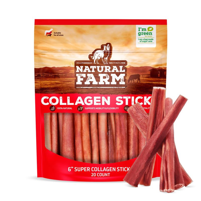Natural Farm Odor-Free Super Collagen Dog Chews (6-Inch, 20-Pack) The First Ever Real Bull Sticks Alternative: 100% Natural Angus Hide Collagen Treats - More Protein, More Chew Time for All Dogs