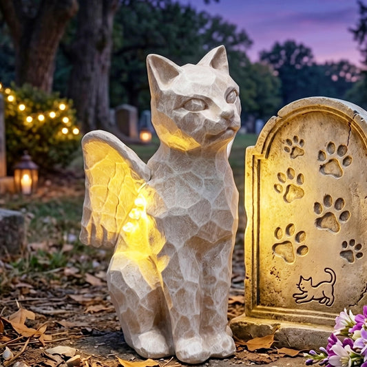 LEAESMHR Solar Angel Cat with LED Lights, Cat Memorial Statue for Outdoor, Memorial Winged Cats Angel Figurine for Garden, Yard, Lawn, Patio Desk Decor, Pet Remembrance Loss Gift for Cat Lovers