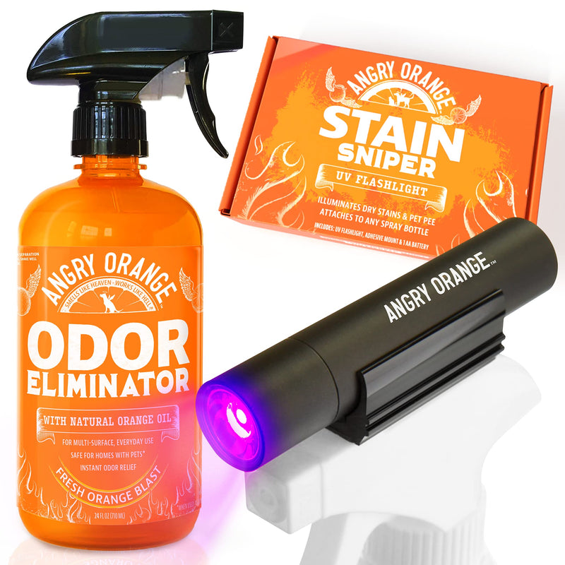 ANGRY ORANGE Pet Odor Eliminator Kit for Dog/Cat Urine, 24oz Citrus Odor Eliminator Spray and Stain Sniper Flashlight - Citrus Scent