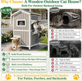 PetsCosset Cat House for Outdoor Cats, Weatherproof 2-Story Wooden Cat Shelter with 2 Rooms, Feeding Station, Escape Door, Pull-Out Floor and Openable Asphalt Roof, Grey