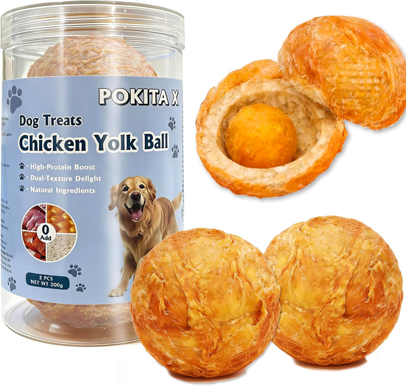 Funny Dog Treats Ball, 2Pcs Chicken Wrapped Rawhide Balls with Egg Yolk Center – Fun Dental Snacks for Medium & Large Do