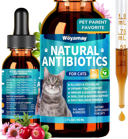 Woyamay Antibiotics for Cats, Natural Antibiotic for Allergy Relief, Urinary Tract Health, Itch Relief & Digestion Care, Cat Allergy Relief for Cats, Cat Immune Support Supplement, 2 Fl Oz