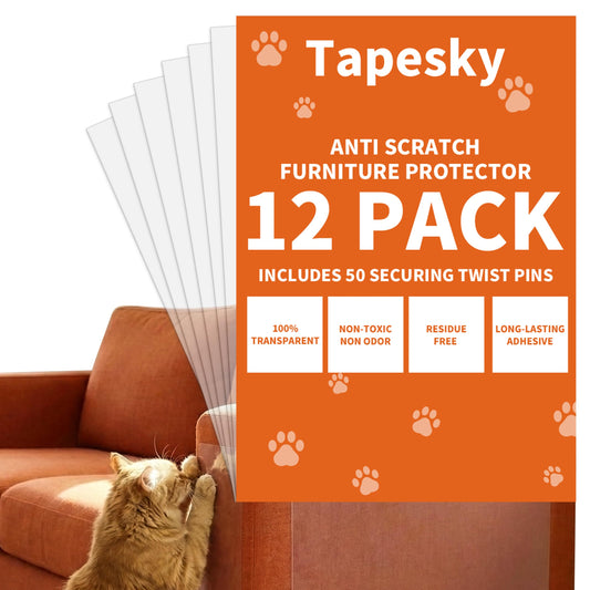 12 Pack Cat Scratch Furniture Protector, Clear Sofa Protector with No Odor, Child & Pet Friendly, Single-Sided Couch Protector from Cats Claws with No-Residue for Sofa, Door & Bed, 50 Twist Pins