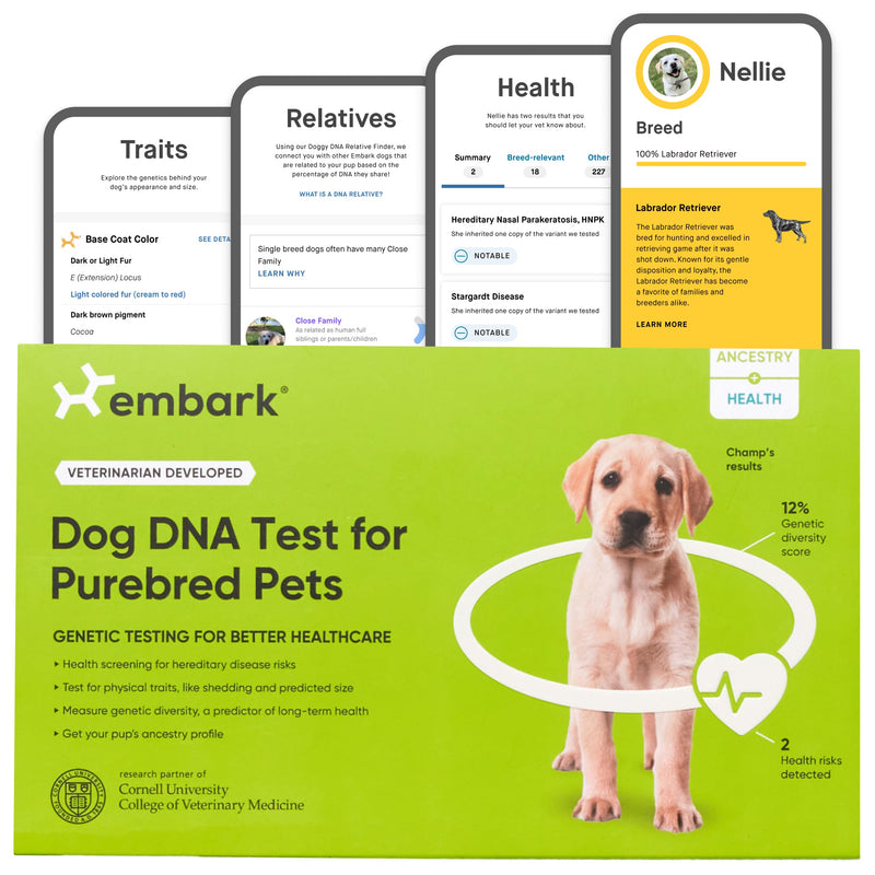 Embark Purebred Dog DNA Test - 270+ Genetic Health Conditions, 55 Physical Traits, Coefficient of Inbreeding (COI), Relatives, Breed Confirmation