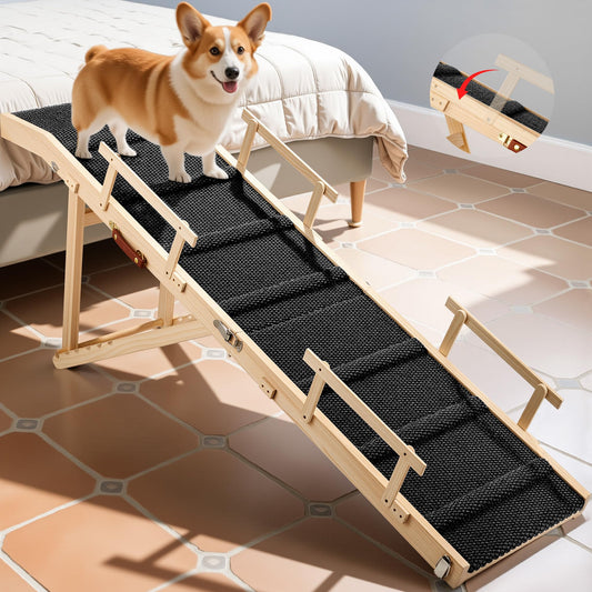 Dog Ramp for Bed with Rails, 64" Long Foldable Pet Ramp for Small Large Dogs, Dog Ramps for High Beds with Safety Side Railng, 6 Adjustable Heights 24" to 30" Up to 220LBS (Black, 64" X 17inch)