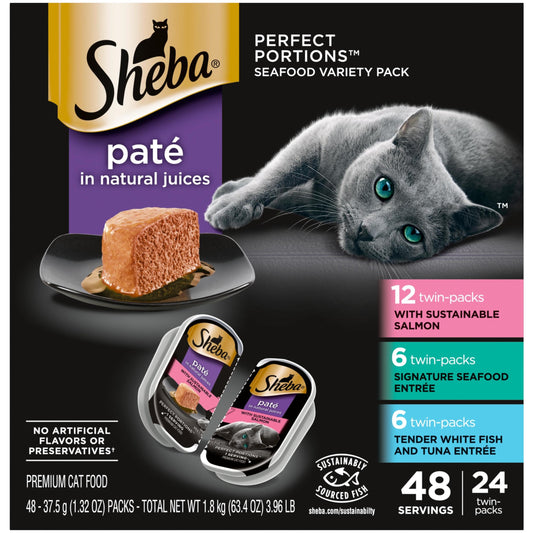 Sheba Perfect Portions Wet Cat Food Pate with Sustainable Salmon, Signature Seafood Entree, and Tender White Fish and Tuna Entree Variety Pack, 2.6 oz. Twin Pack Trays (24 Count, 48 Servings)