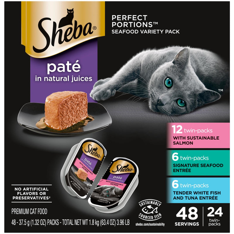 Sheba Perfect Portions Wet Cat Food Pate with Sustainable Salmon, Signature Seafood Entree, and Tender White Fish and Tuna Entree Variety Pack, 2.6 oz. Twin Pack Trays (24 Count, 48 Servings)