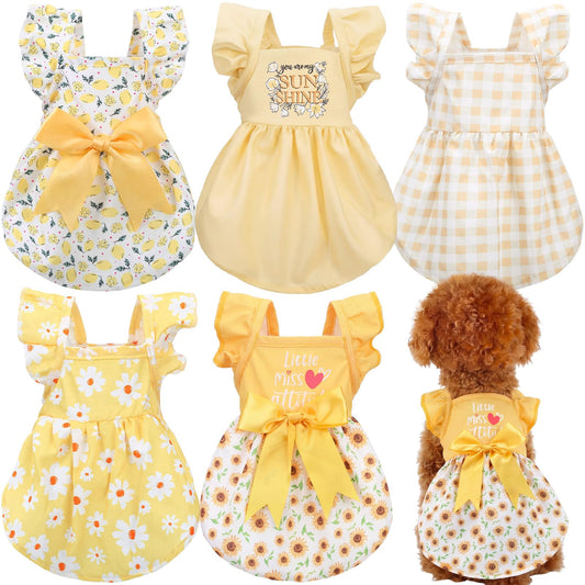 Abbylike 5 Pcs Dog Dress Floral Daisy Sunflowers Lemon Plaid Bowknot Dog Clothes Summer Yellow Puppy Dresses Outfits Cute Apparel for Small Pets Cats Female (Large)