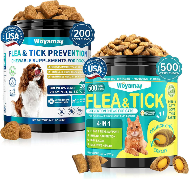 Flea and Tick Prevention Chews Bundle for Cats & Dogs, Natural Oral Flea Treatment, 200 Dog Soft Chews + 500 Cat Crunchy