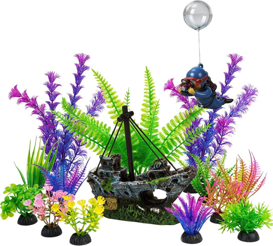 Ameliade Fish Tank Decorations & Aquarium Plastic Plants Accessories Set