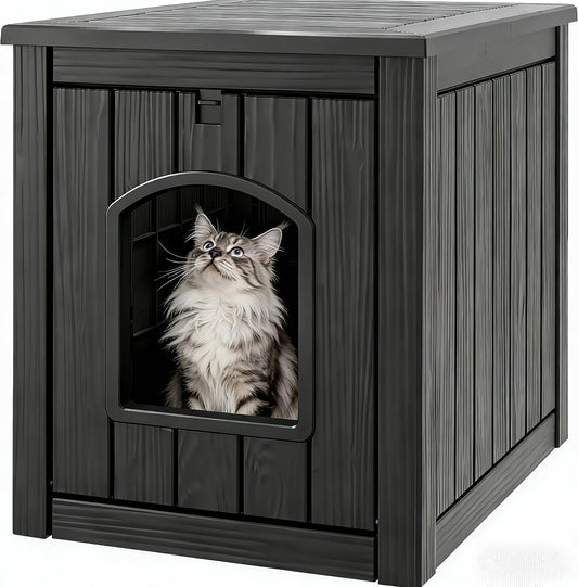 WTFGO Cat Litter Box Enclosure, Plastic Outdoor Cat House Weatherproof, Multi-Functional Hidden Litter Box Furniture for Living Room, Backyard, Patio, Black