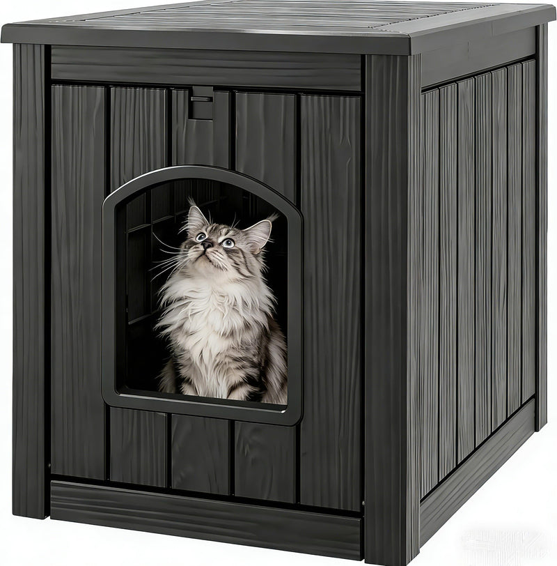 WTFGO Cat Litter Box Enclosure, Plastic Outdoor Cat House Weatherproof, Multi-Functional Hidden Litter Box Furniture for Living Room, Backyard, Patio, Black
