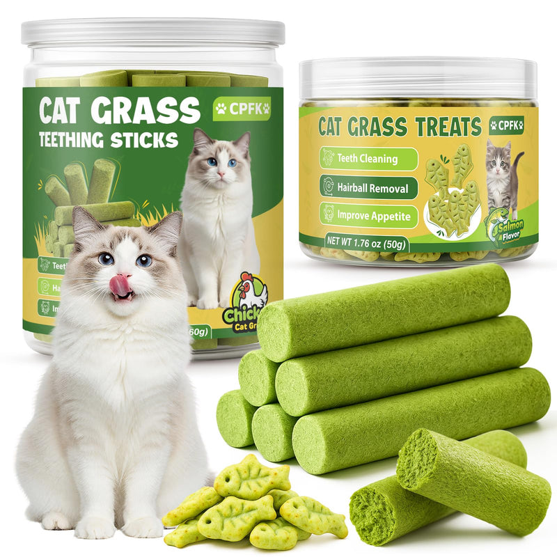 CPFK Cat Grass Sticks, 60 g Cat Grass Teething Stick and 50 g Cats Treats, Natural Dental Chews for Teeth Cleaning & Hairball Relief Teething Sticks for Indoor Cats Grain-Free