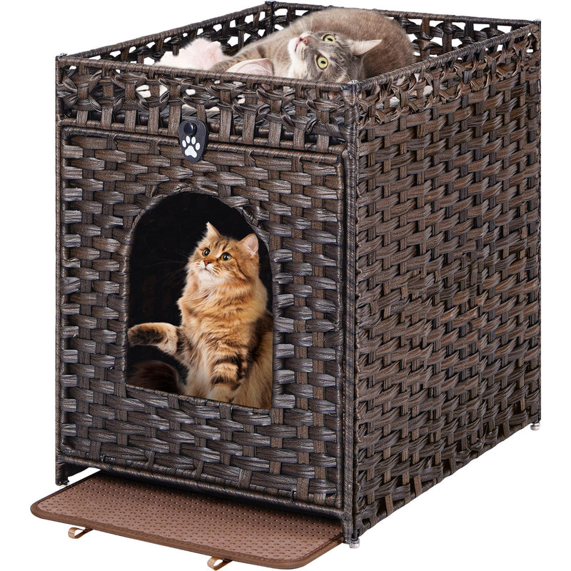 Snughome Cat Litter Box Enclosure Furniture Hidden with Litter Mat, Hidden Cat Washroom Furniture with Door, Handwoven Rattan Cat Washroom Box, Indoor Pet House for Living Room, Bedroom (Brown)