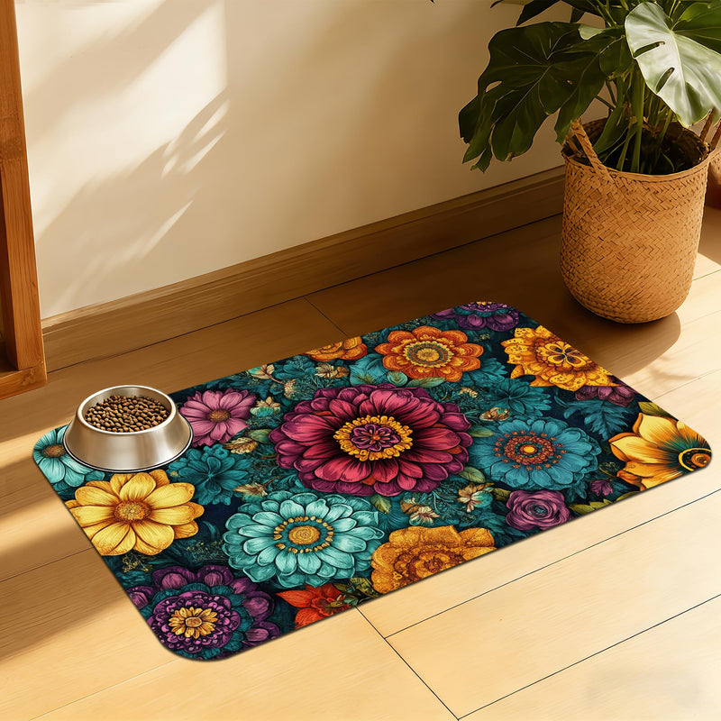 Vintage Floral Pet Feeding Mat, Fast-Dry Absorbent Dog and Cat Bowl Mat, Waterproof Rubber Base – 16x24 Inch